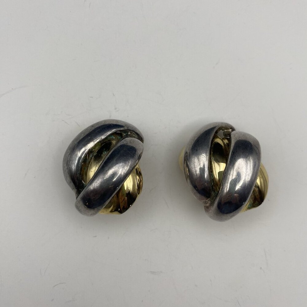Vintage Heavyweight Clip On Earrings Sculptural Knot Two Tone Gold Silver Bold - Picture 6 of 10